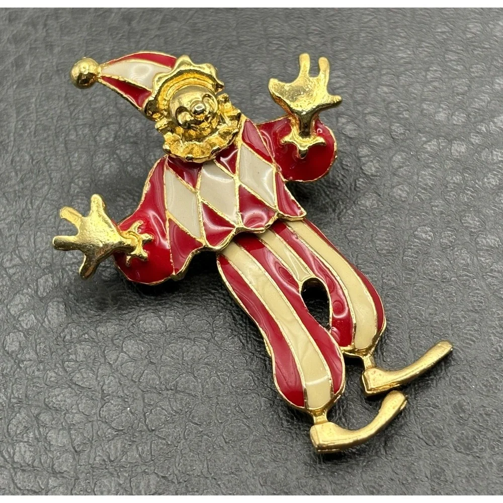 Vintage Enamel Articulated Moves Clown Brooch Jester Harlequin Red White Stripe
